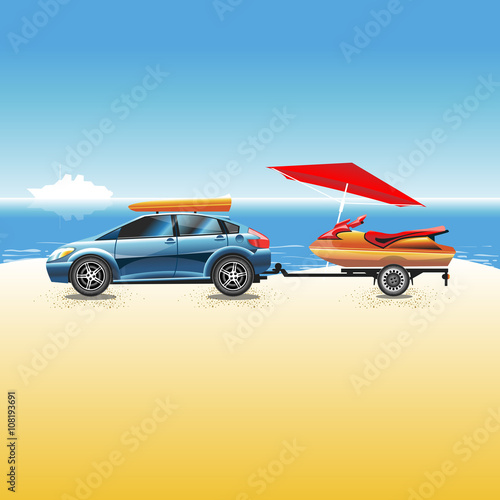 Blue crossover on a beach with a water scooter. White big liner ship on a horizon. Summer Sunny Seascape. Digital vector illustration.