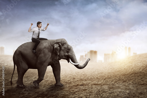 Asian business man riding elephant