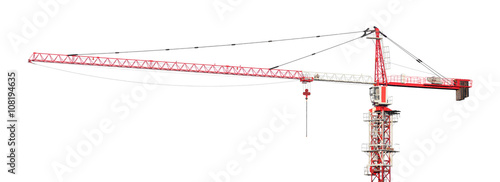 Fotografi Red and white building tower crane isolated on white background