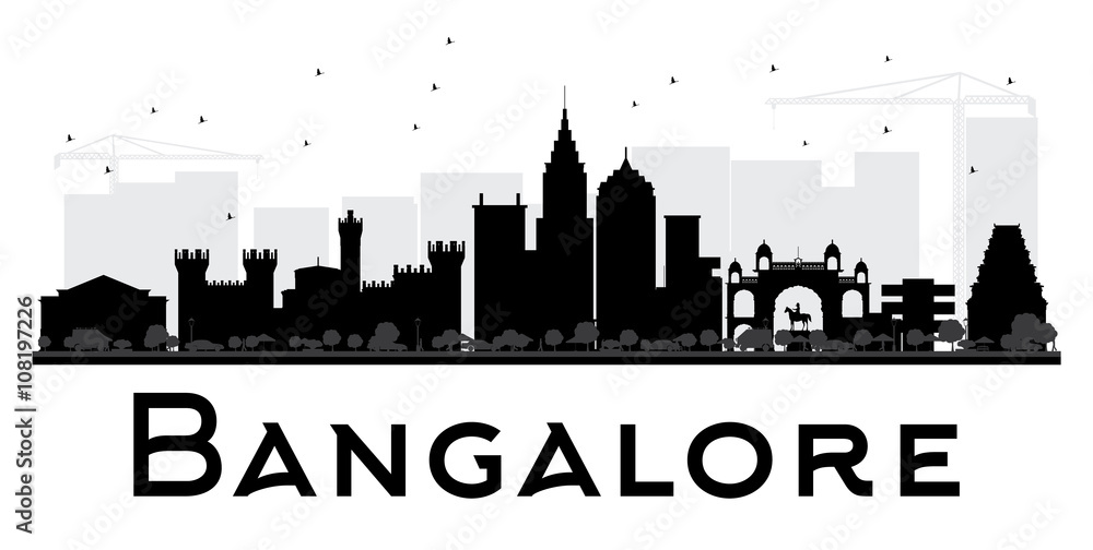 Bangalore City skyline black and white silhouette.