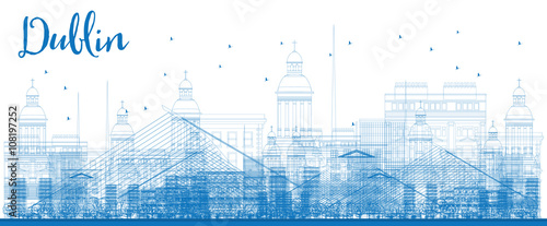 Photography Outline Dublin Skyline with Blue Buildings.
