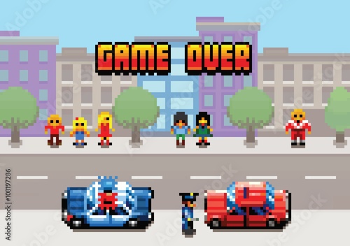 Game Over - car stopped by the police pixel art video game style layer illustration