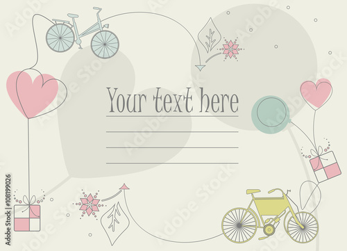 Perfect greeting card with bikes shillouettes, balloons, hearts photo