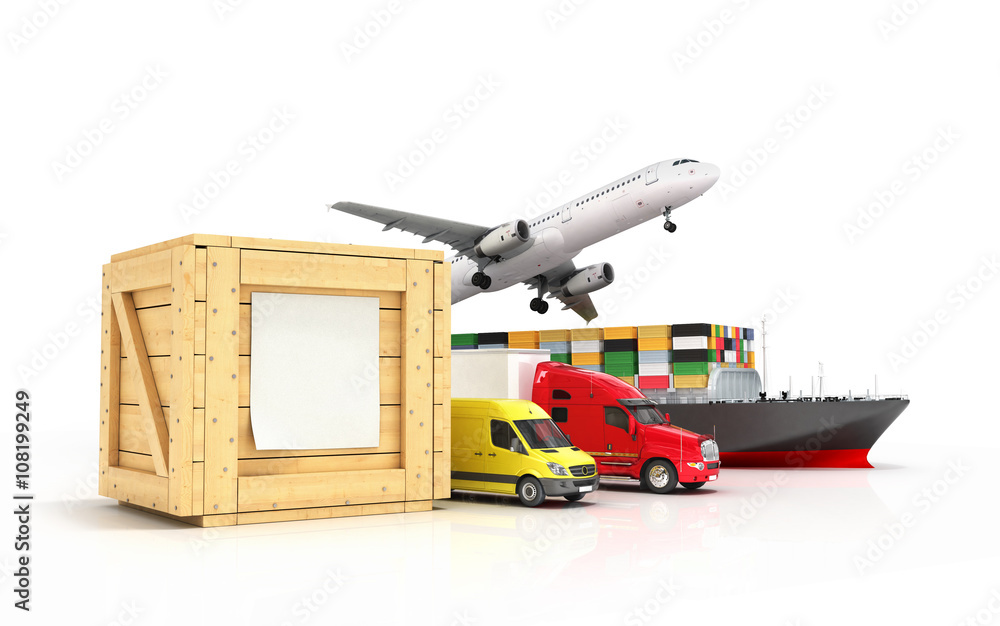 3d render of different modes of transport go out of a wooden box