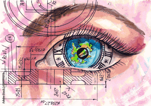 Eye Clock World. Watercolor Poster Steampunk. Vector