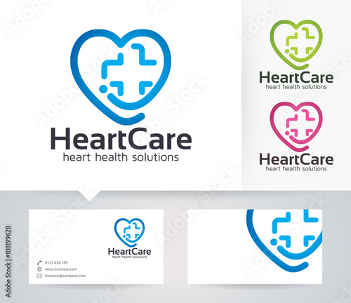 Heart Care vector logo with alternative colors and business card template