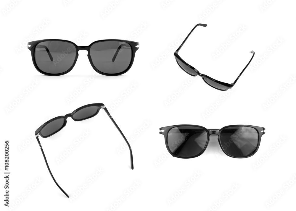 Cool sunglasses set isolated on white background. In black plastic