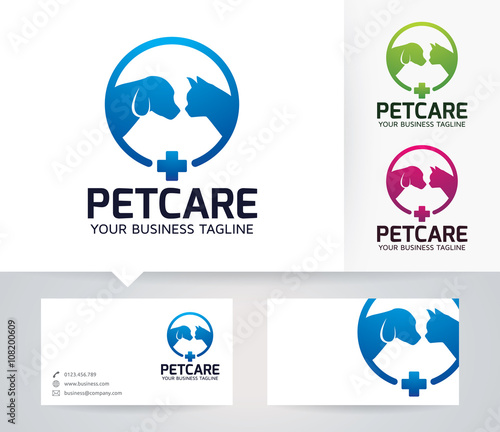 Pet Care vector logo with alternative colors and business card template