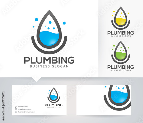Plumbing vector logo with alternative colors and business card template