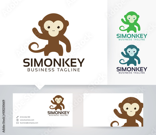 Simple Monkey vector logo with alternative colors and business card template