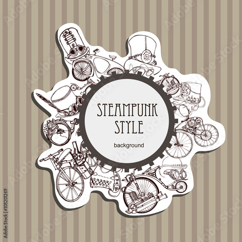 Steampunk Round Frame Background. Template Retro Design Card for Edwardian Party. Victorian Vintage Background.