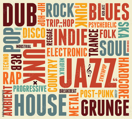 Music Styles typographic vintage poster. Retro vector illustration.