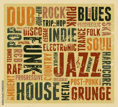 Music Styles typographic vintage grunge poster. Retro vector illustration.