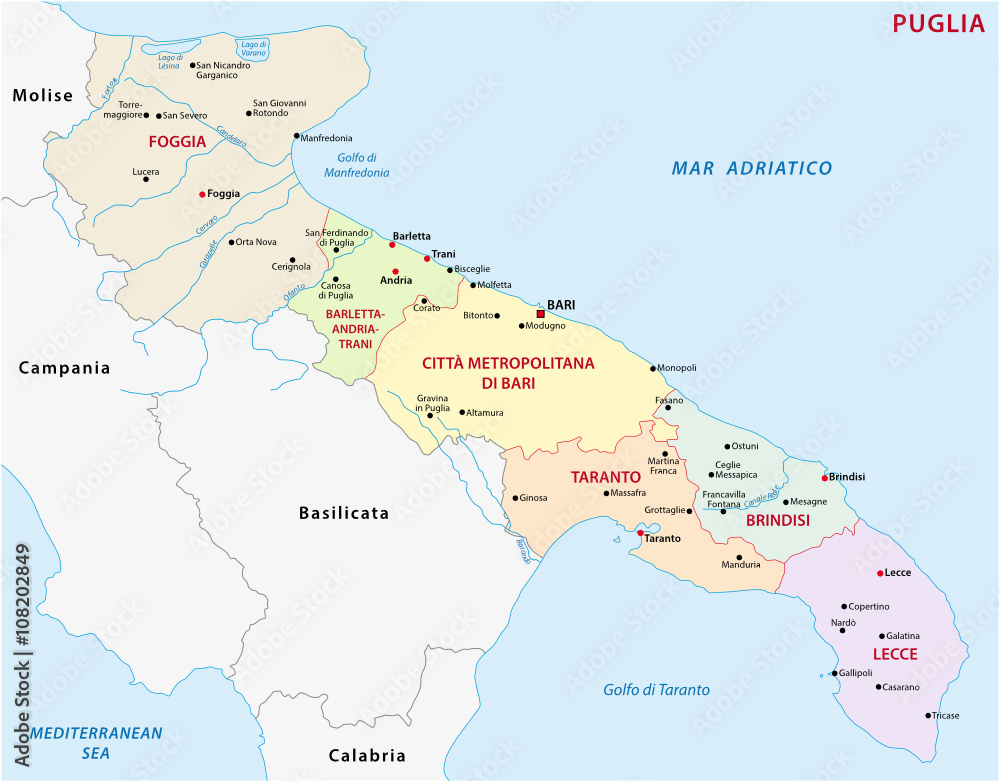 Apulia Administrative Map Stock Vector Adobe Stock 1000 F 108202849 TlWWLL97fcbMHTmW5K0ujN0VhVOeIHa2 