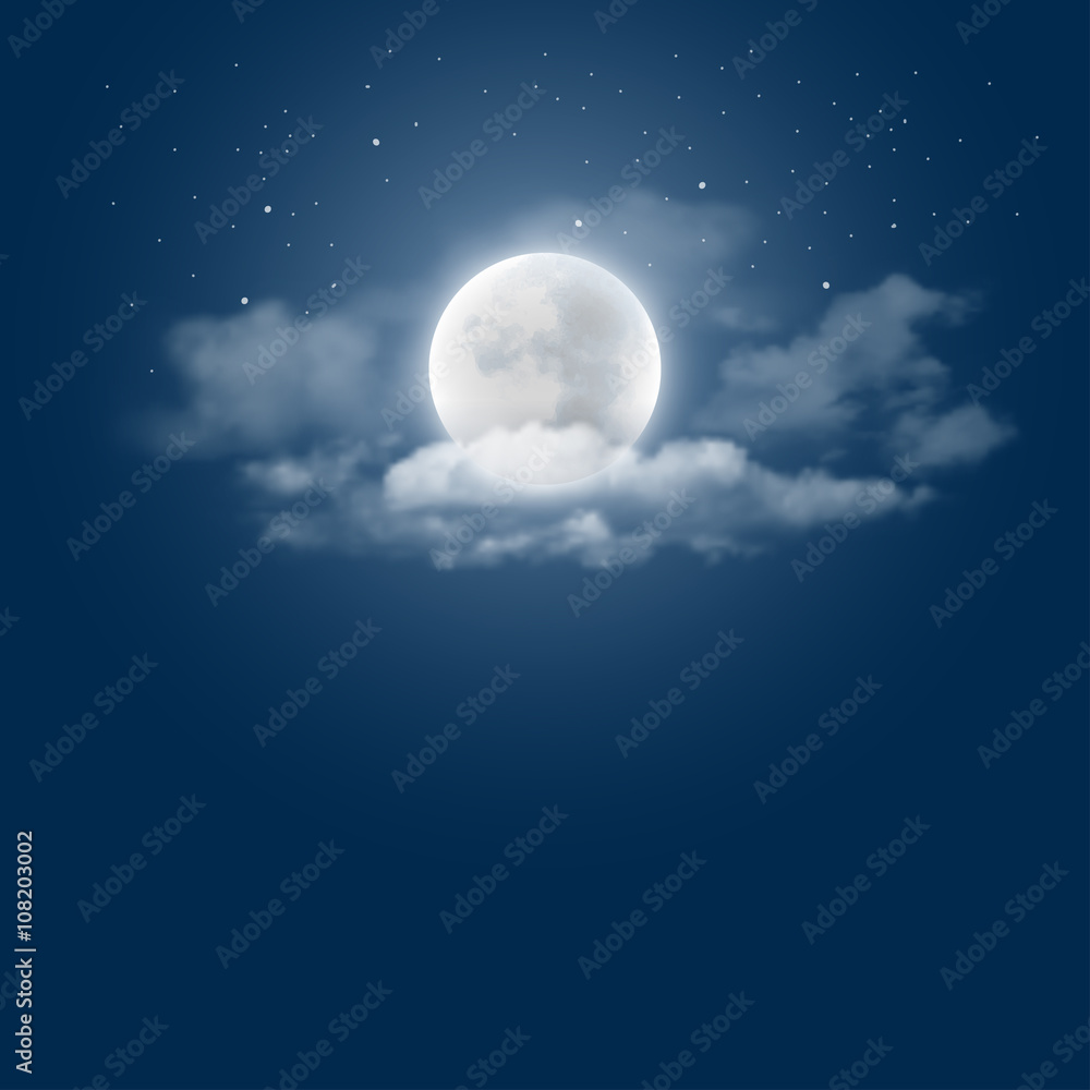Mystical Night sky background with full moon, clouds and stars. Moonlight night. Vector illustration.