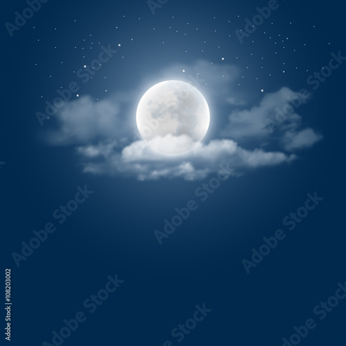 Mystical Night sky background with full moon, clouds and stars. Moonlight night. Vector illustration. photo