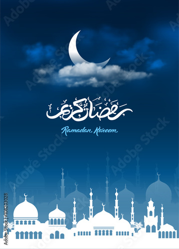 Ramadan Kareem greeting with mosque and hand drawn calligraphy lettering which means ''Ramadan kareem'' on night cloudy background. Editable Vector illustration.