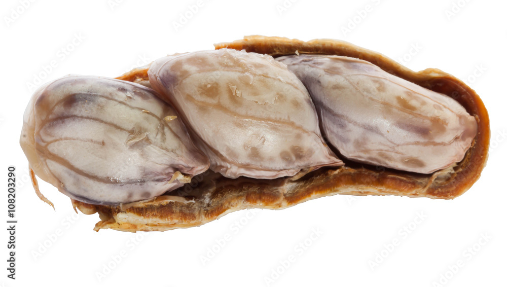 Closeup of half brown boil peanut on white background Closeup of half brown boil peanut on white background