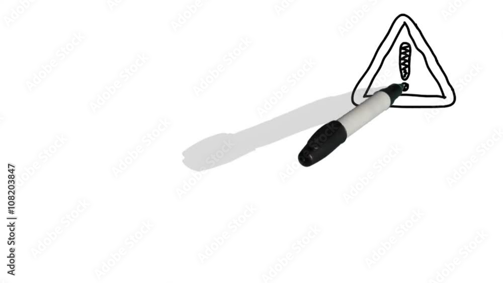 A moving black pen with a shadow writes on a plain white surface 'critical' and draws a warning sign