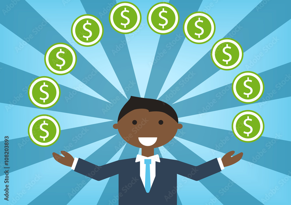 Successful black business man handling money and budget. Vector illustration of cartoon character juggling dollars Successful black business man handling money and budget. Vector illustration of cartoon character juggling dollars
