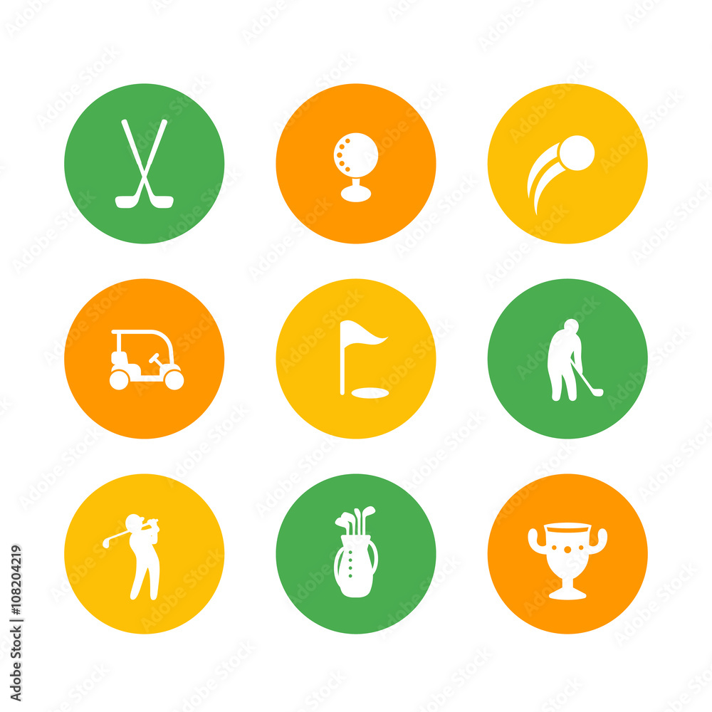 Golf icons, golf clubs, golf player, golfer, golf bag, golf signs, round icons on white, vector illustration Golf icons, golf clubs, golf player, golfer, golf bag, golf signs, round icons on white, vector illustration