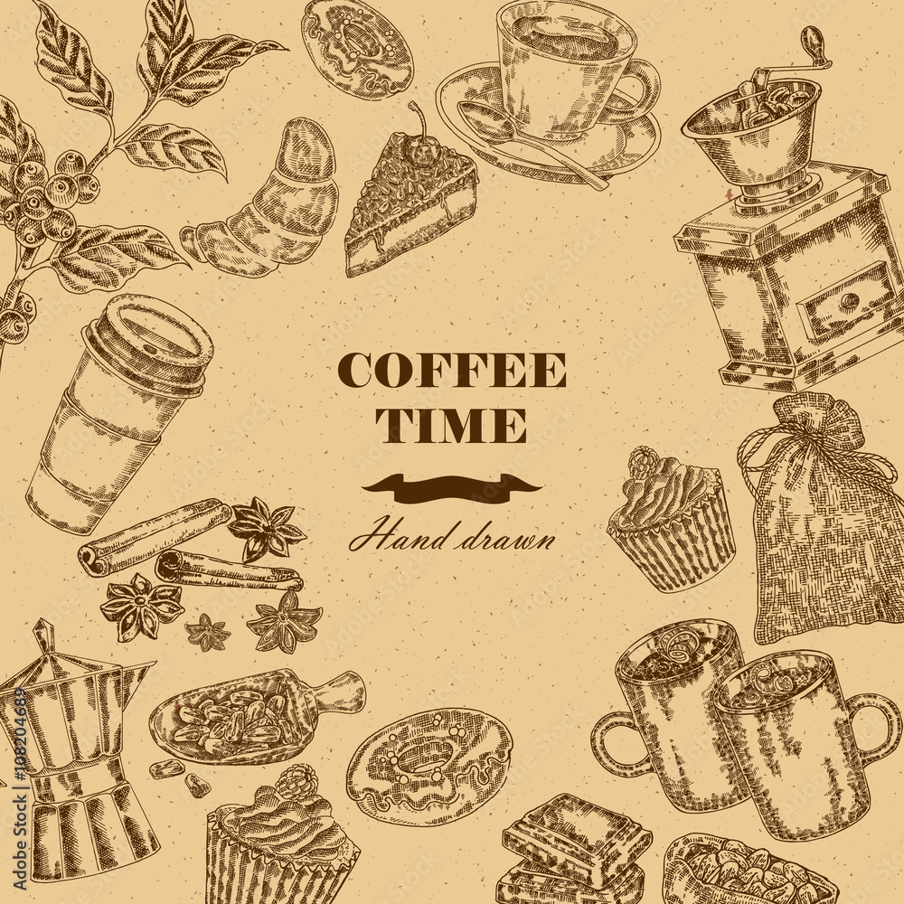 Coffee design template. Hand drawn coffee background. Stock Vector