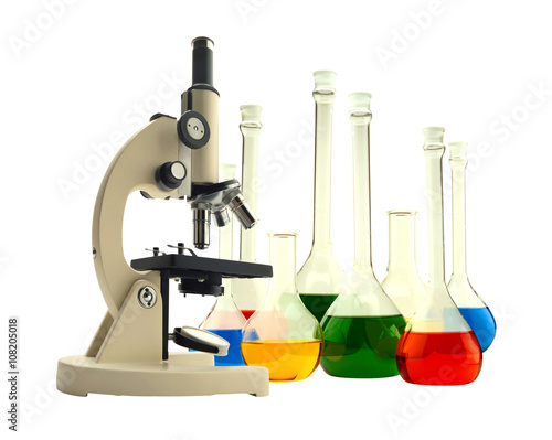 laboratory microscope and test tubes with liquid isolated on whi