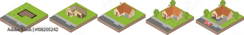 House building process. Isometric illustration of house construction. Five stages.