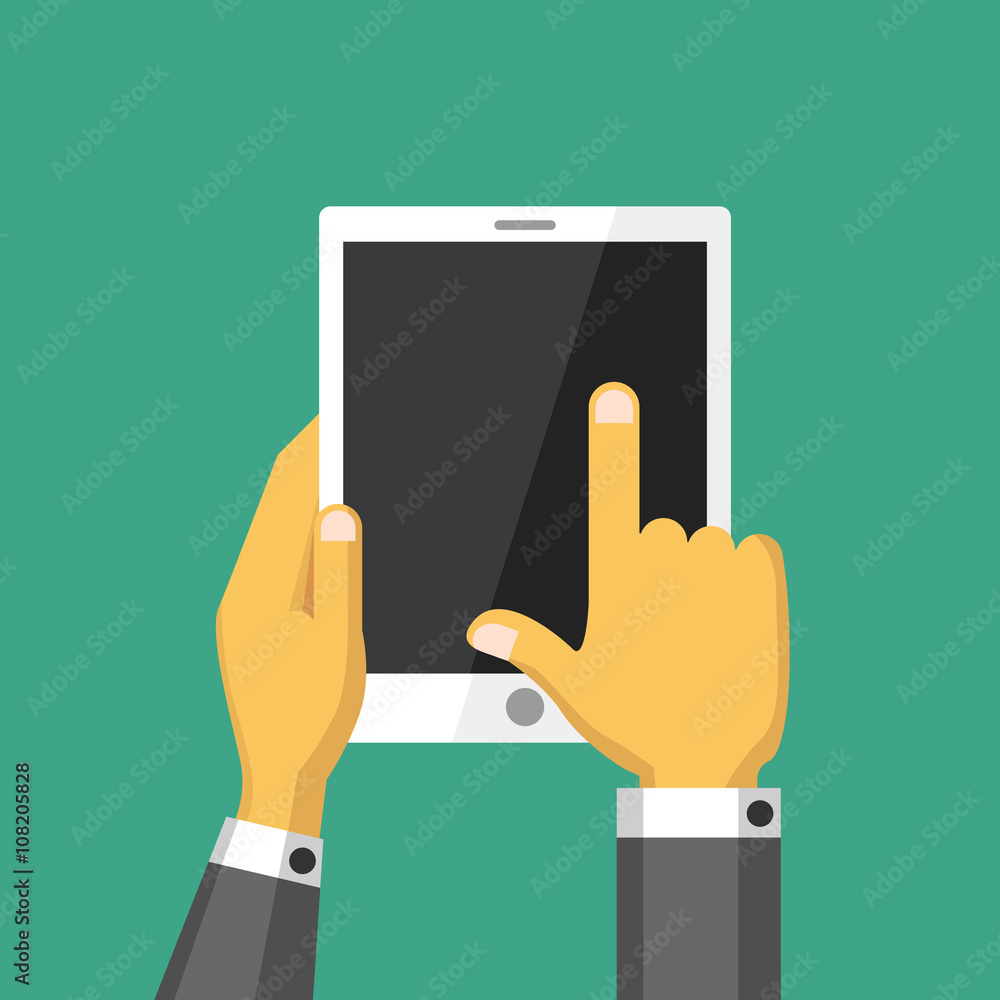 Hands holing tablet computer with blank screen. Flat digital illustration Hands holing tablet computer with blank screen. Flat digital illustration