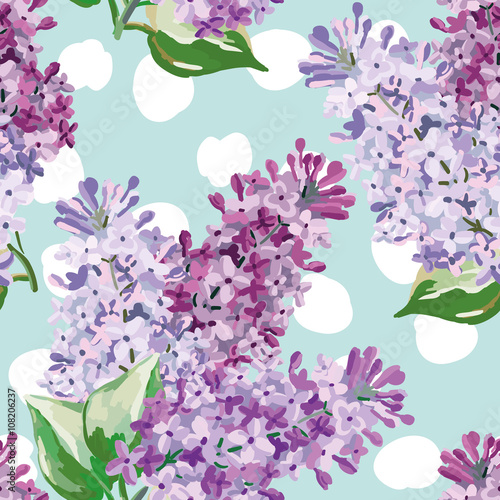 Lilac bouquets on the light blue background with hand drawn polka dots. Vector seamless pattern with spring flowers.