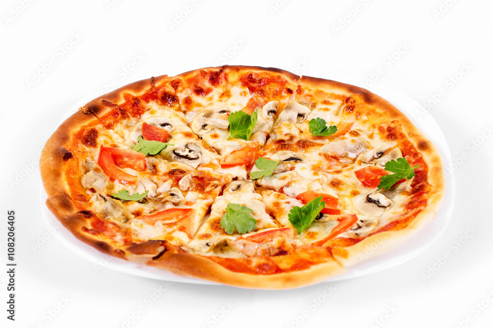 Pizza on a plate on a white background