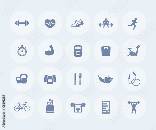 20 fitness icons, gym, workout, training, pictograms, round flat icons, vector illustration