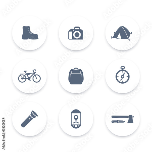 Hiking, Camping round icons, backpack, flashlight, tent, hiking boot icon, vector illustration
