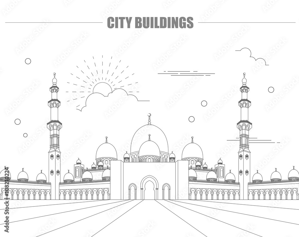 City buildings graphic template. UAE mosque.