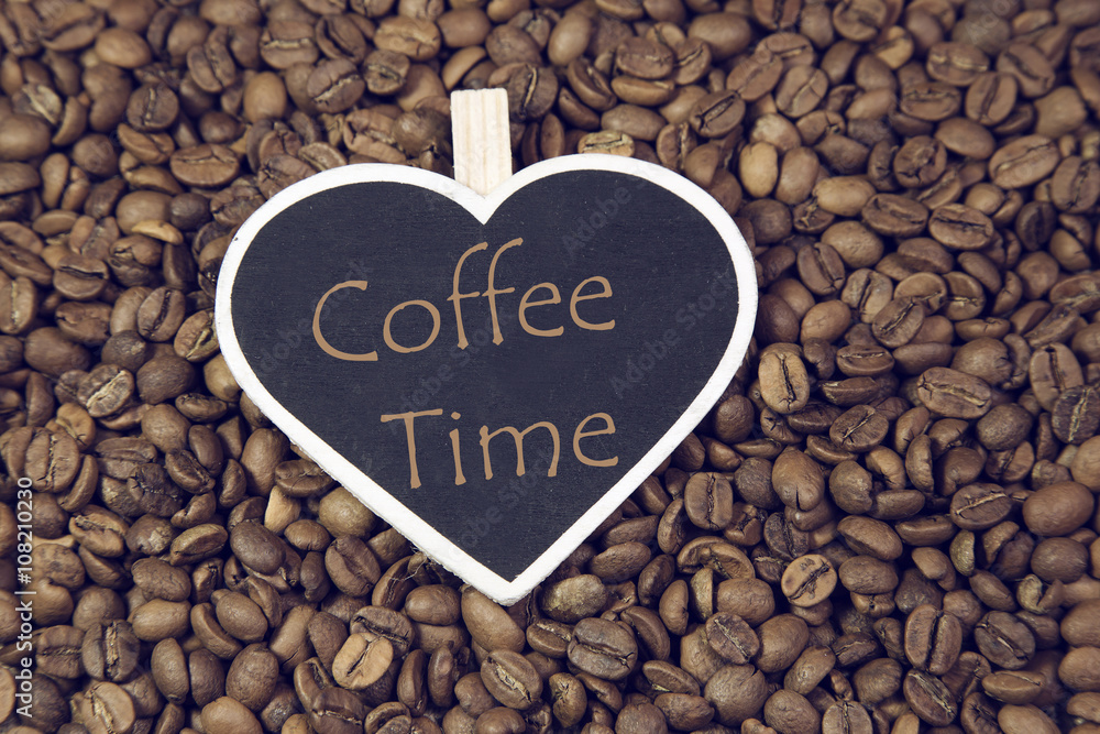 coffee time writing heart chalkboard with coffee beans coffee time writing heart chalkboard with coffee beans