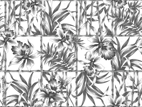 Grey Flowers and Bamboo Fence Seamless Pattern