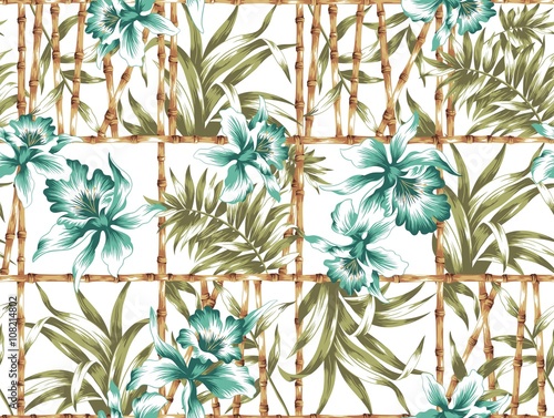 Turquoise Flowers and Bamboo Fence Seamless Pattern