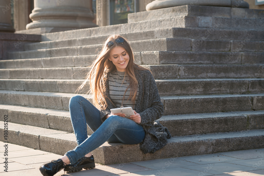 beautiful girl with coffee and tablet beautiful girl with coffee and tablet