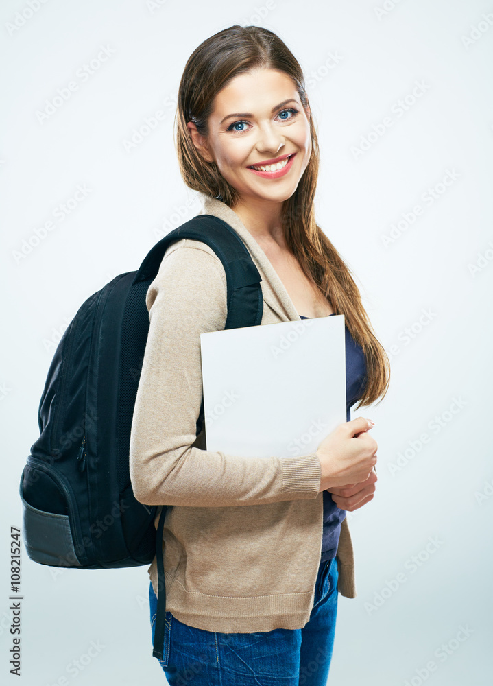 Student woman isolated portrait. Smiling girl