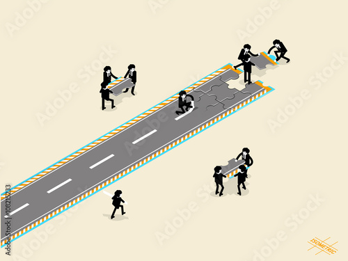 beautiful isometric graphic design concept of business teamwork, business people placing jigsaw puzzle piece for building the success way, business teamwork concept