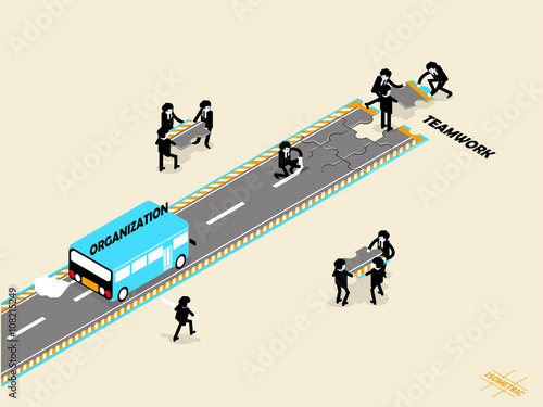 beautiful isometric graphic design concept of business teamwork, business people placing jigsaw puzzle piece for building the success way, business teamwork concept