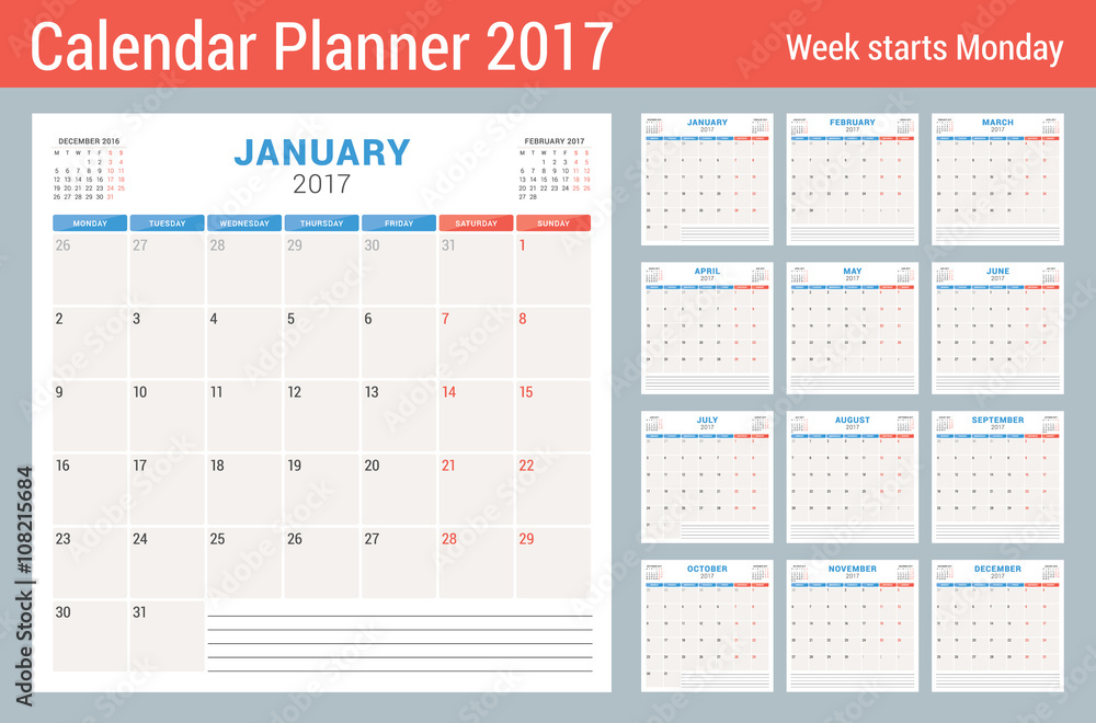 Calendar Planner for 2017 Year. Vector Design Template. Set of 12 Months. Week Starts Monday. Stationery Design - obrazy, fototapety, plakaty 
