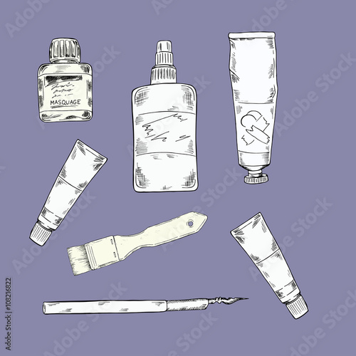 Set of art utensils and materials on pastel blue background. Hand drawn vector illustration. photo