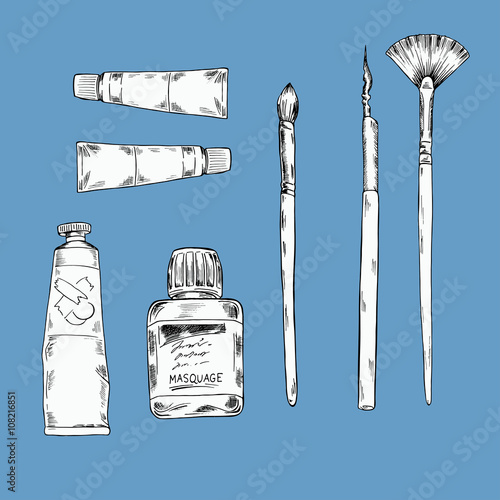 Set of art utensils and materials on pastel blue background. Hand drawn vector illustration.