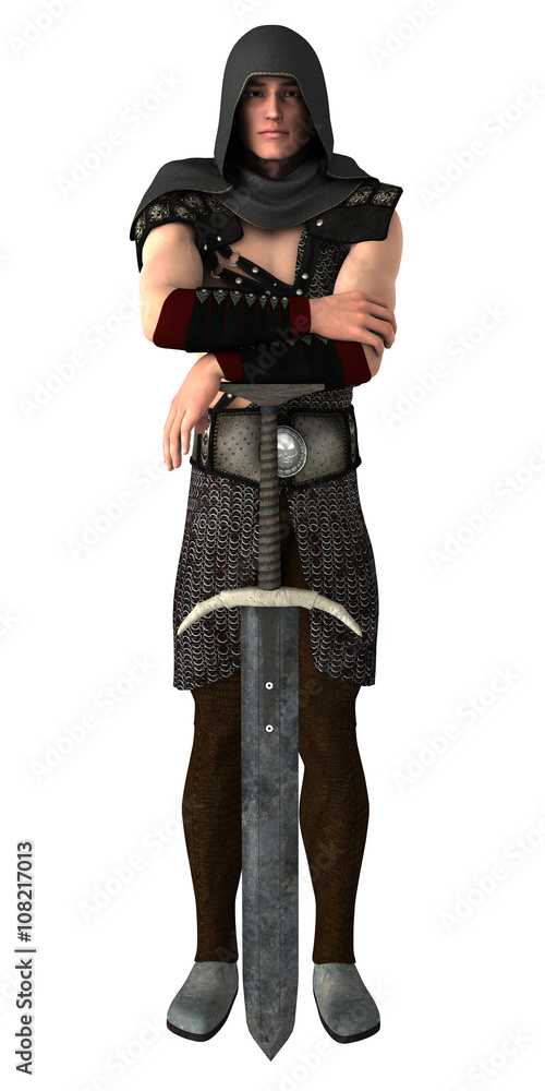 Young handsome guard leaning on his sword isolated on white background. 3d illustration Young handsome guard leaning on his sword isolated on white background. 3d illustration
