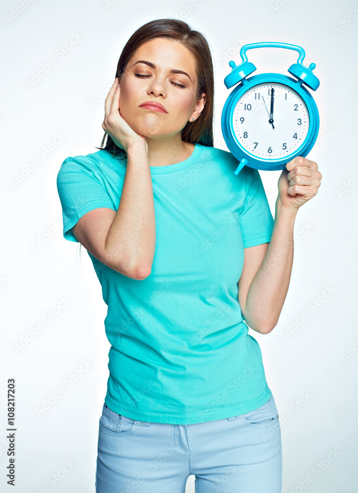 Isolated concept portrait of woman with watch. Isolated concept portrait of woman with watch.