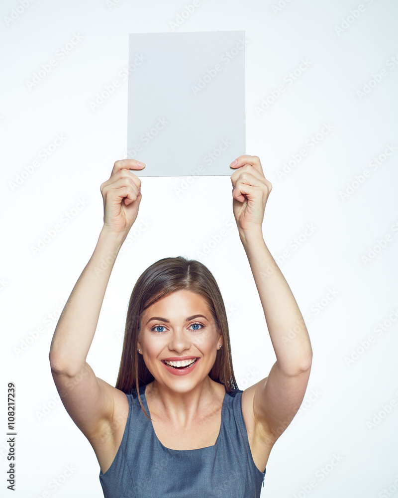 Smiling business woman hold white sign board. Smiling business woman hold white sign board.