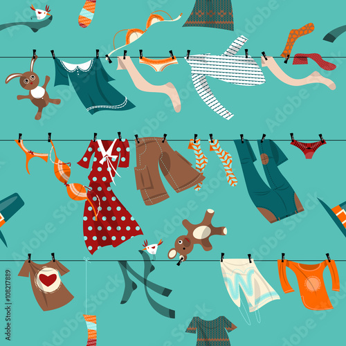 Colorful laundry drying on a washing lines. Seamless background