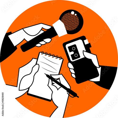Set of hands holding microphone, voice recorder and spiral noteb