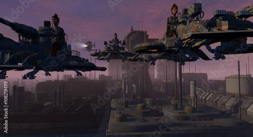 Science Fiction Alien Craft Flyby Futuristic City 3D Rendering